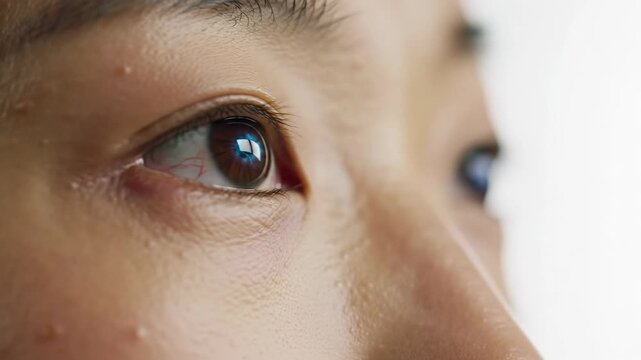 Human eye and face, gazing intently upwards, digital light in iris, slow push-in, sharp focus, soft bokeh, clean bright background, copy space. Concept of analytical insight and future vision