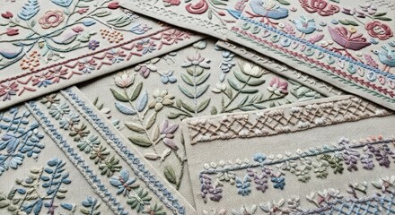 Close-up of colorful embroidered fabric pieces with floral patterns on a white background.