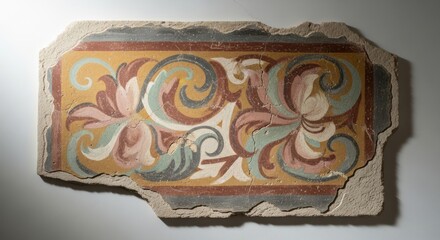 Close-up of a weathered, colorful ornamental tile fragment with swirling patterns against