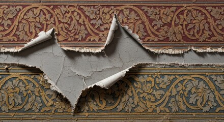 Close-up of torn wallpaper with ornate floral patterns in muted colors