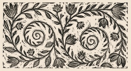 Black and white floral pattern with swirling leaves and flowers on a beige background
