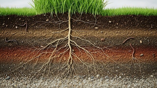 Cross-section of soil with grass roots and worms earthworms ground