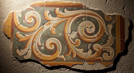 Close-up of a broken ancient tile with intricate orange and white swirling patterns on a