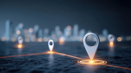 3D Rendering of Location Pins with Urban Background and Digital Elements for Navigation and Mapping Applications
