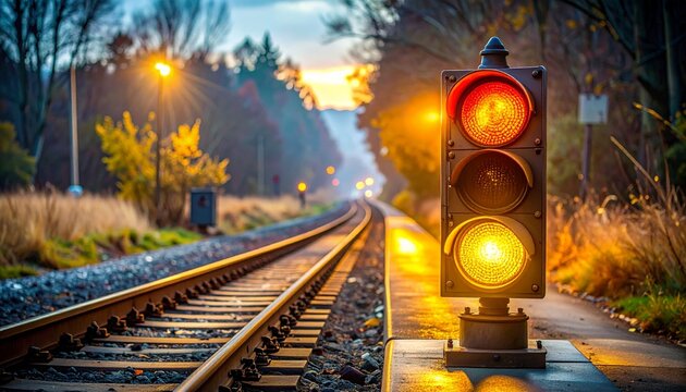 Railway Signal Tower Illuminated at Dusk with Tracks Leading into the Distance.