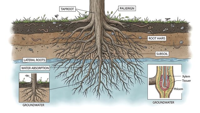 Diagram of a tree root system with labeled parts and groundwater taproot palisade root hairs subsoil