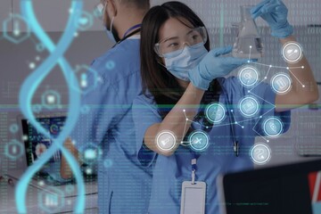 Double exposure of virtual screen and doctors analyzing scientific data in laboratory