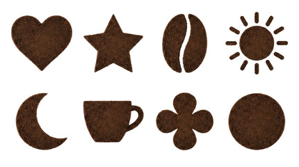 Ground coffee shape set including heart, star, bean, sun, moon, cup, clover, and circle isolated. Organic food and cafe branding collection.