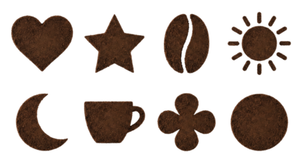 Ground coffee shape set including heart, star, bean, sun, moon, cup, clover, and circle isolated. Organic food and cafe branding collection.