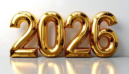 Golden 2026: Sparkling, gold-colored balloons form the numerals of the year 2026, creating a festive atmosphere of anticipation and celebration, the light reflect of the upcoming year.