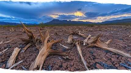 Desiccated vegetation and cracked earth under a dramatic cloudy sky with distant mountains