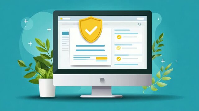 A modern computer screen displaying a secure interface, with a prominent checkmark badge symbolizing cybersecurity, surrounded by vibrant green plants and a soothing background.