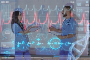 Double exposure of virtual screen and doctors analyzing scientific data in clinic