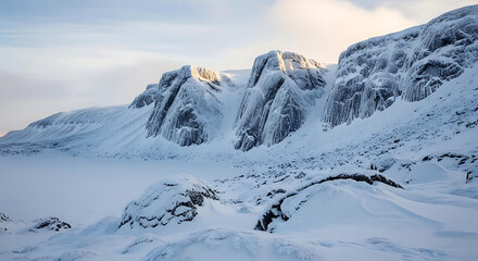 Snowy mountain range with rugged peaks and serene landscape under cloudy sky at sunrise