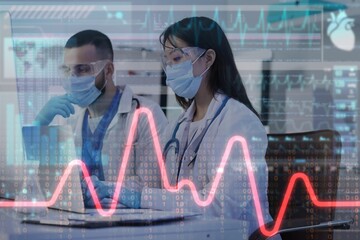 Double exposure of virtual screen and doctors analyzing scientific data in clinic