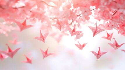 Delicate pink origami paper cranes float among soft blooming cherry blossoms in a beautiful springtime scene