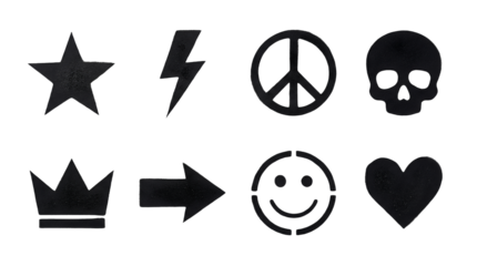 Black spray painted symbol set including star, bolt, peace sign, skull, crown, arrow, smiley face, and heart shapes. Street art and urban graffiti collection.