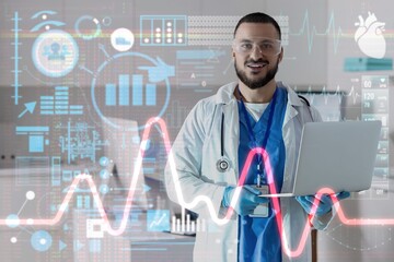 Double exposure of virtual screen and doctor analyzing scientific data in clinic