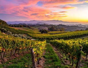 Naklejka premium Picturesque Vineyard at Sunset - A Stunning Landscape of Rolling Hills and Grapevines.