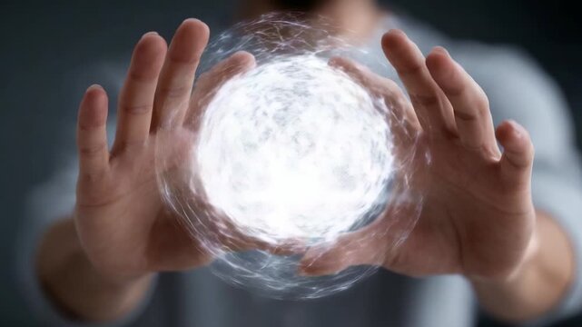 A mystical display of energy being manipulated between two hands, showcasing a swirling orb of light and intricate patterns, suggesting mastery over unseen forces.