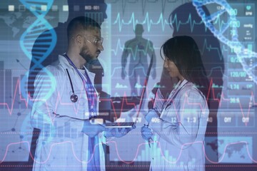 Double exposure of virtual screen and doctors analyzing scientific data in clinic