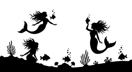 Mermaid Silhouettes Underwater With Fish