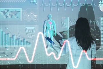 Double exposure of virtual screen and doctor analyzing scientific data in laboratory