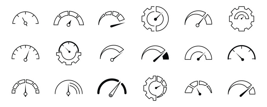 Speedometer icon. Speed indicator icon flat line set. Feedback Rating meter performance concept Dashboard level scale vector for apps Fast speed sign low and high barometers, gauge, score progress