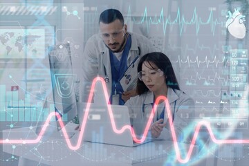 Double exposure of virtual screen and doctors analyzing scientific data in clinic