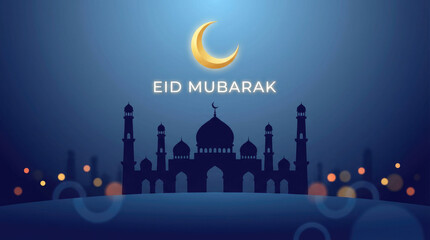 Eid mubarak silhouette of a mosque with a crescent moon above it on a gradient blue background with light orbs around the base
