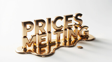 3D typography of the words "PRICES MELTING" in a molten gold style, flowing metallic letters, glowing liquid metal edges, hyper-realistic glossy reflections, fluid organic forms, dramatic studio light
