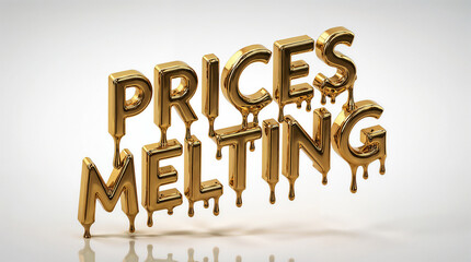 3D typography of the words "PRICES MELTING" in a molten gold style, flowing metallic letters, glowing liquid metal edges, hyper-realistic glossy reflections, fluid organic forms, dramatic studio light