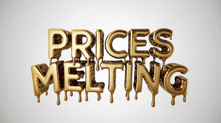 3D typography of the words "PRICES MELTING" in a molten gold style, flowing metallic letters, glowing liquid metal edges, hyper-realistic glossy reflections, fluid organic forms, dramatic studio light