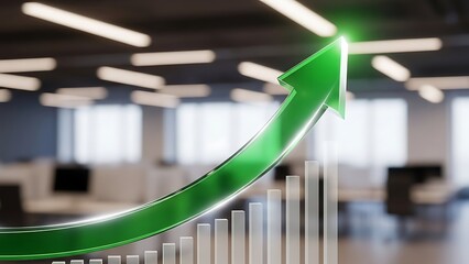 Green arrow graph rising over office background with bar chart rising arrow