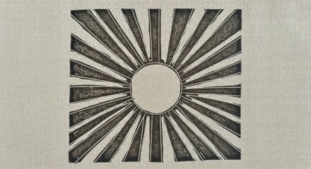 Black and white illustration of a sunburst design on a textured background
