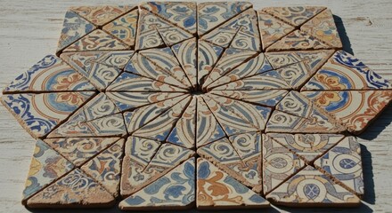Close-up of a mosaic tile art piece with blue, orange, and beige patterns on a wooden
