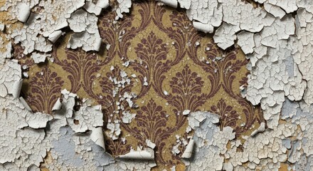Close-up of peeling wall with exposed vintage wallpaper pattern underneath.
