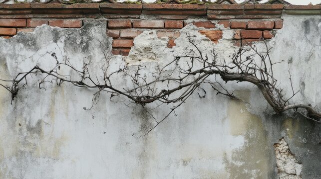 Delicate dried vine branches clinging to a weathered textured wall with exposed brick