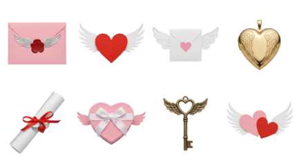 Valentine's day romantic element set including winged hearts, love letters, locket, key, and gift box isolated. Wedding and anniversary decoration collection.