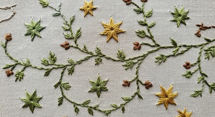 Close-up of embroidered floral pattern with yellow flowers and green leaves on fabric