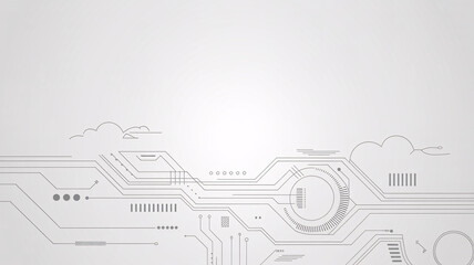 Obraz premium Futuristic circuit board design with clouds and abstract tech elements