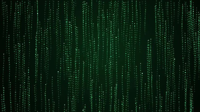 Dynamic green binary code cascade creates a futuristic digital flow