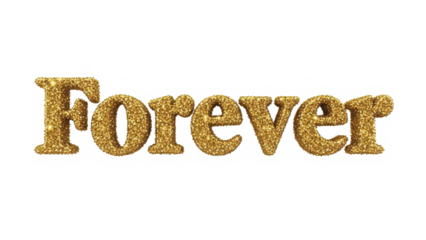 Forever text in shimmering gold glitter with a white outline against a black background isolated on transparent background