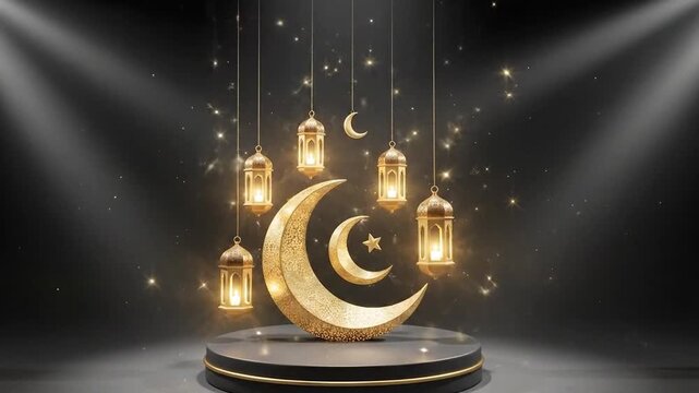 Golden crescent moon and lanterns on a stage under spotlights