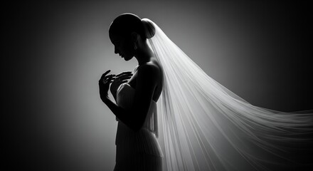 Elegant bride in silhouette with flowing veil