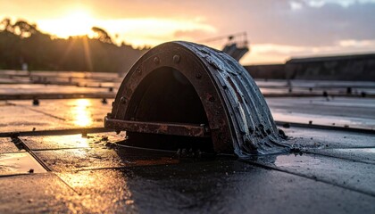 Metal semi-circle vent on wet tiled surface, sun setting in background
