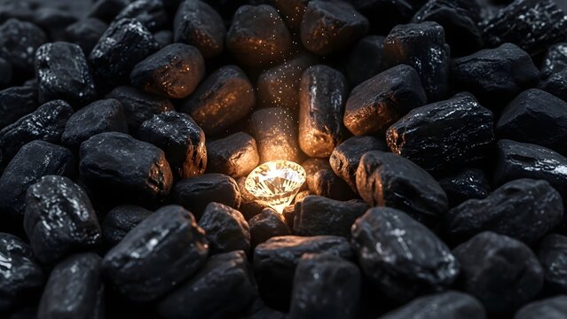 A brilliantly glowing diamond nestled among raw black coal, serving as a powerful visual metaphor for resilience, hidden talent, and the creation of value through intense pressure