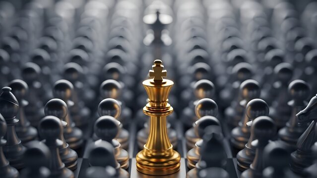 A solitary golden chess king stands distinct amidst a sea of identical grey pawns, a powerful metaphor for exceptional leadership, strategic dominance, and the courage to break the mold