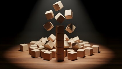 A structured column of wooden cubes rises from a chaotic heap while blocks float above, representing the emergence of order from disorder and the power of innovative stability