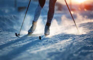 Cross Country Skier Legs Sprinting on Snow at Sunrise